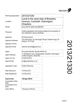 2013/21330 Land to the West Side of Broseley Avenue, Culcheth