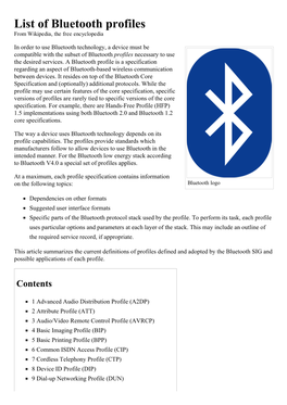 List of Bluetooth Profiles ­ Wikipedia, the Free Encyclopedia List of Bluetooth Profiles from Wikipedia, the Free Encyclopedia