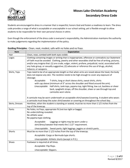 Moses Lake Christian Academy Secondary Dress Code