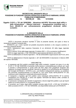 Decreto Del Dirigente Della Posizione Di Funzione Centro Operativo Di Muccia E Fabriano, Opere Pubbliche D’Emergenza N