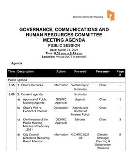 GOVERNANCE, COMMUNICATIONS and HUMAN RESOURCES COMMITTEE MEETING AGENDA PUBLIC SESSION Date: March 31, 2021 Time: 8:55 A.M