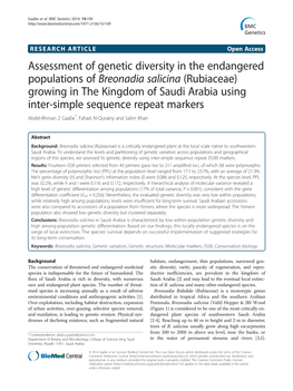 Assessment of Genetic Diversity in the Endangered Populations of Breonadia Salicina (Rubiaceae) Growing in the Kingdom of Saudi Arabia Using Inter-Simple Sequence Repeat