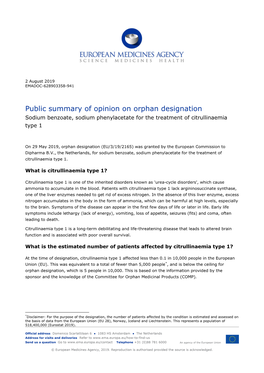 Public Summary of Opinion on Orphan Designation Sodium Benzoate, Sodium Phenylacetate for the Treatment of Citrullinaemia Type 1