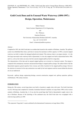 Gold Creek Dam and Its Unusual Waste Waterway (1890-1997) : Design, Operation, Maintenance." Can