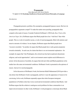 Propaganda Anne Quaranto and Jason Stanley to Appear in the Routledge Handbook of Social and Political Philosophy of Language