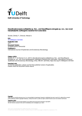 Delft University of Technology Desulfonatronospira Sulfatiphila Sp