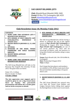 SAE GROUP BILAMBIL JETS Club Newsletter Issue 18, Monday 9 July