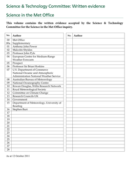 Science in the Met Office, Written Evidence