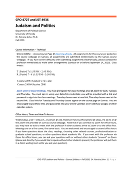 CPO 4727 and JST 4936 Judaism and Politics Department of Political Science University of Florida Dr