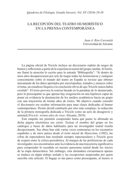 La Recepción Del Teatro Humorístico En La Prensa Contemporánea