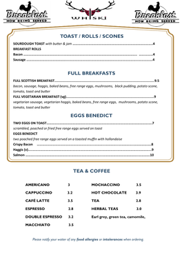 Toast / Rolls / Scones Full Breakfasts Eggs