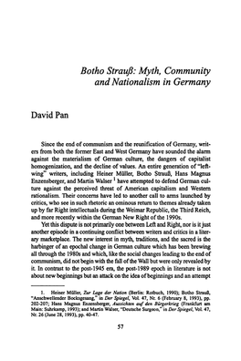 Botho Straufi: Myth, Community and Nationalism in Germany David