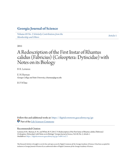 A Redescription of the First Instar of Rhantus Calidus (Fabricius) (Coleoptera: Dytiscidae) with Notes on Its Biology B