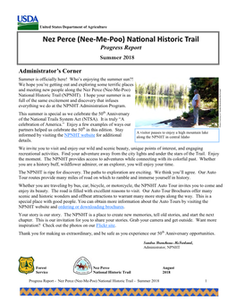 Nez Perce (Nee-Me-Poo) National Historic Trail Progress Report Summer 2018