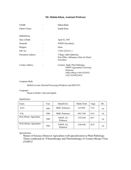 Mr. Hakim Khan, Assistant Professor Master of Science (Hons)