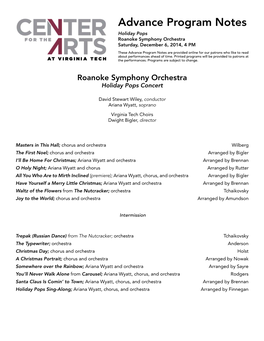 Program Notes Holiday Pops Roanoke Symphony Orchestra Saturday, December 6, 2014, 4 PM