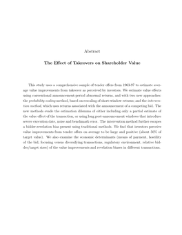 Abstract the Effect of Takeovers on Shareholder Value