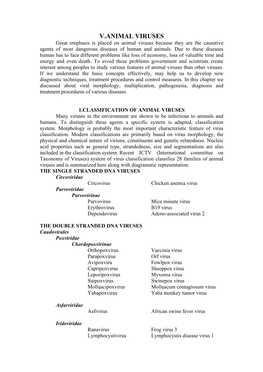 V.ANIMAL VIRUSES Great Emphasis Is Placed on Animal Viruses Because They Are the Causative Agents of Most Dangerous Diseases of Human and Animals