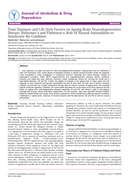 Toxic Exposure and Life Style Factors on Ageing Brain Neurodegenerative Disease, Alzheimer’S and Parkinson’S: Role of Natural Antioxidants to Ameliorate the Condition