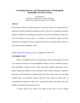 Correlating Structure and Thermodynamics of Hydrophobic- Hydrophilic Ion Pairs in Water