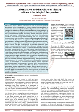 Urbanization and the Politics of Identity in Buea: a Sociological Perspective Fanny Jose Mbua B.Sc