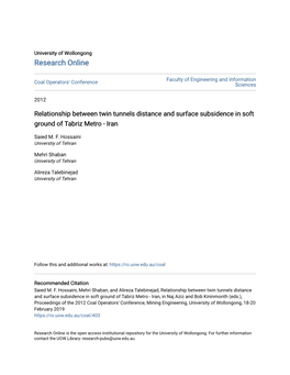 Relationship Between Twin Tunnels Distance and Surface Subsidence in Soft Ground of Tabriz Metro - Iran