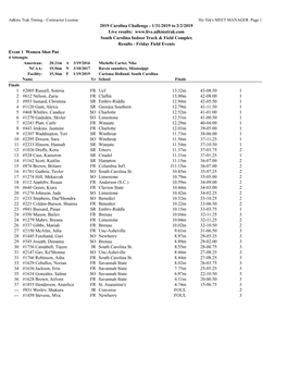 2019 Carolina Challenge - 1/31/2019 to 2/2/2019 Live Results: South Carolina Indoor Track & Field Complex Results - Friday Field Events