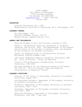 SCOTT SOAMES USC School of Philosophy 3709 Trousdale Parkway Los Angeles, CA 90089-0451 Soames@Usc.Edu / (213) 740-0798 October 2020