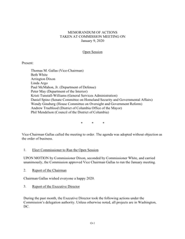 Memorandum of Actions for the January 9, 2020 Commission Meeting