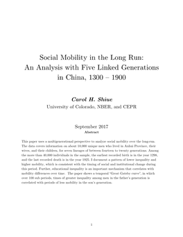 Social Mobility in the Long Run: an Analysis with Five Linked Generations in China, 1300 – 1900