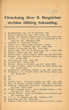 Förteckning Öfver H. Borgströms Sterbhus Tillhörig Boksamling
