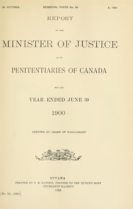 Report of the Minister of Justice As to Penitentiaries of Canada, for The