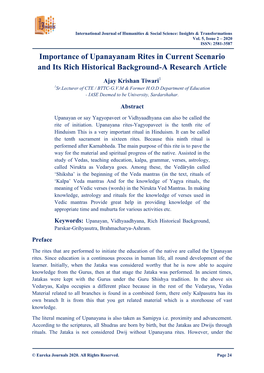 Importance of Upanayanam Rites in Current Scenario and Its Rich Historical Background-A Research Article