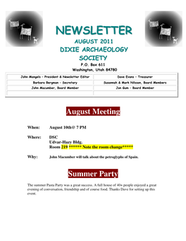 Newsletter Editor Dave Evans – Treasurer Barbara Bergman – Secretary Susannah & Mark Nilsson, Board Members John Macumber, Board Member Jon Gum – Board Member