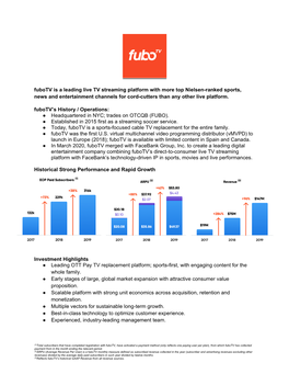 Fubotv Is a Leading Live TV Streaming Platform with More Top Nielsen-Ranked Sports, News and Entertainment Channels for Cord-Cutters Than Any Other Live Platform