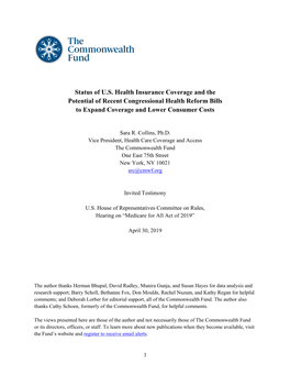 Testimony: Status of U.S. Health Insurance Coverage and The