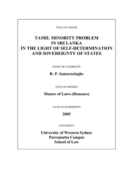 Tamil Minority Problem in Sri Lanka in the Light of Self-Determination and Sovereignty of States