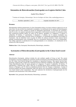 (Gastropoda) En El Registro Fósil De Cuba Systematics of Heterobranchia
