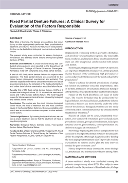 Fixed Partial Denture Failures: a Clinical Survey for Evaluation of the Factors Responsible 1Manjula B Chandranaik, 2Roopa K Thippanna