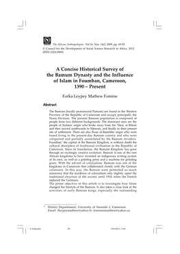 A Concise Historical Survey of the Bamum Dynasty and the Influence of Islam in Foumban, Cameroon, 1390 – Present