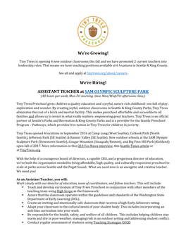 ASSISTANT TEACHER at SAM OLYMPIC SCULPTURE PARK (40 Hours Per Week, Mon-Fri Morning Class, Mon/Wed/Fri Afternoon Class.)