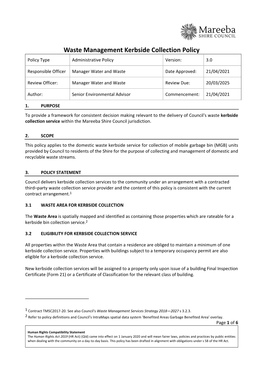 Waste Management Kerbside Collection Policy Policy Type Administrative Policy Version: 3.0