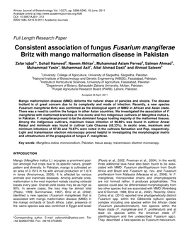 Consistent Association of Fungus Fusarium Mangiferae Britz with Mango Malformation Disease in Pakistan