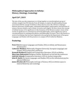 Philosophical Approaches to Infinity: History, Ontology, Cosmology April