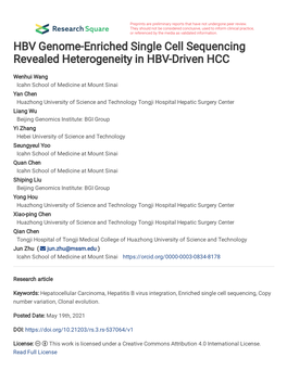 HBV Genome-Enriched Single Cell Sequencing Revealed Heterogeneity in HBV-Driven HCC