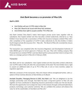 Axis Bank Becomes a Co-Promoter of Max Life