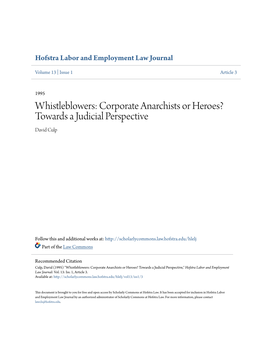 Whistleblowers: Corporate Anarchists Or Heroes? Towards a Judicial Perspective David Culp