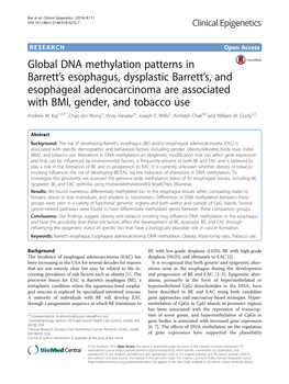 Global DNA Methylation Patterns in Barrett's Esophagus, Dysplastic