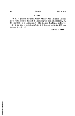 The Jacobson Radical of a Semiring" in These PROCEEDINGS, 37, 163-170 (1951) Is in Part Incorrect