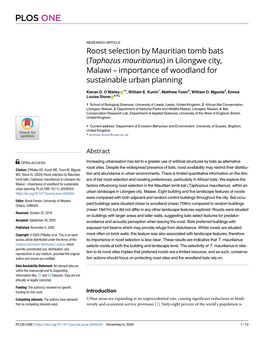 Roost Selection by Mauritian Tomb Bats (Taphozus Mauritianus) in Lilongwe City, Malawi – Importance of Woodland for Sustainable Urban Planning